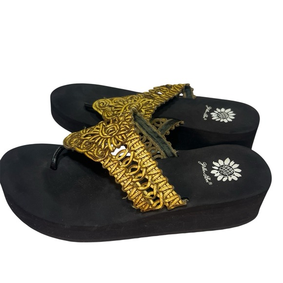 Yellow Box Brown Floral Woven Platform Thong Chunky Flip Flops Boho Y2K Size 8.5 - Picture 3 of 10